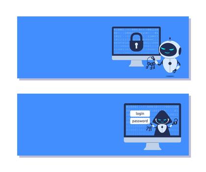 Horizontal background for Cybersecurity with copy space for text. AI robot with stolen passwords for presentations, websites, social media vector