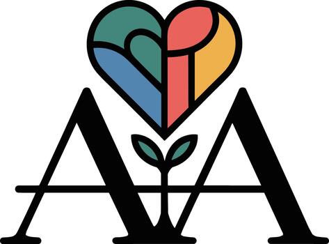 Stylized colorful heart logo design combining elements of nature and abstract shapes on a black background vector