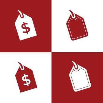 Set of dollar price tags, four square red and white backgrounds with two versions vector