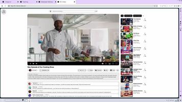 delning plattform gränssnitt visning kulinariska handledning med kock framställning måltid. digital strömning hemsida ui som visar uppkopplad kanal terar matlagning visa avsnitt video