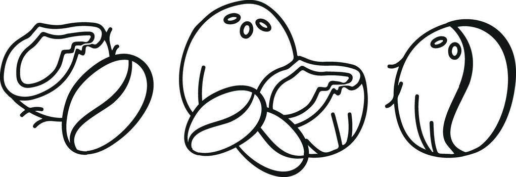 conjunto de íconos de cocos en todo y abrió estado con café frijoles en línea Arte estilo, para menús, móvil aplicaciones, embalaje y infografia vector