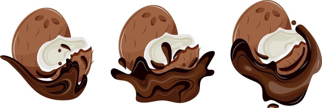set of icons of ripe coconuts in melted chocolate with different splashes and sizes, for textiles, packaging and digital design vector