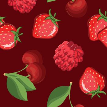 sin costura modelo con jardín maduro frutas, a saber íconos de fresas, cerezas y frambuesas en un rojo fondo, para textiles o embalaje vector