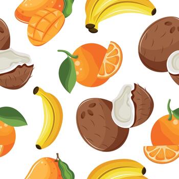 seamless pattern with tropical fruits, namely bananas, oranges, mangoes and coconuts arranged randomly, for textiles, packaging and digital design vector