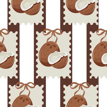 pattern with tropical fruits, namely whole and halves of coconuts in stamps with a striped background, for textiles, packaging and digital design vector