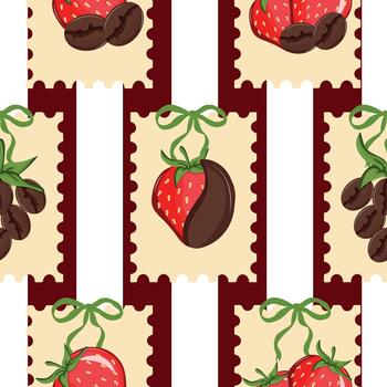 seamless pattern with ripe red strawberries with roasted coffee beans arranged in stamps with red lines behind vector