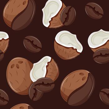 seamless pattern with whole and half-opened coconuts with coffee beans next to them on a brown background vector