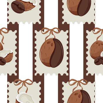 pattern with coconuts in whole and half-open form with coffee beans next to them with stripes behind, for textile, packaging and digital design vector
