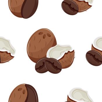 pattern with ripe exotic coconuts in whole and half-open form with coffee beans next to them, for textile, packaging and digital design vector