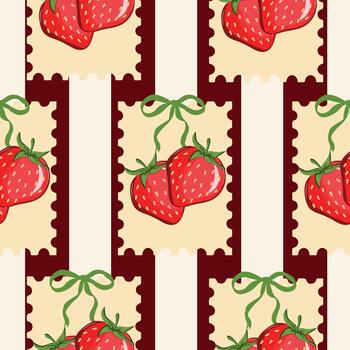 seamless pattern with ripe red strawberries arranged in stamps with red lines behind on a white background vector