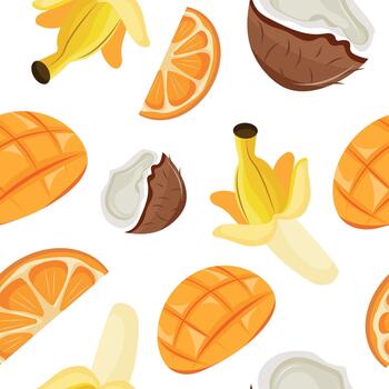 seamless pattern with exotic fruits, namely with halves of banana, orange, coconut and mango arranged randomly vector