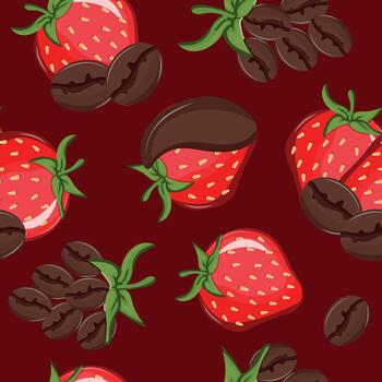 seamless pattern with ripe red strawberries with roasted coffee beans representing the taste of coffee on a red background vector