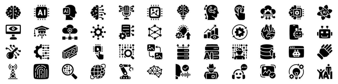 Artificial Intelligence and machine learning icon set. Silhouette style. vector