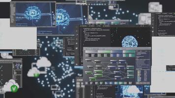 rotante parete visualizzazione ai assistente lm tecnologia visualizzazione e codifica schermi. piatto animazione mostrando multiplo monitor con macchina apprendimento Tech grafica video