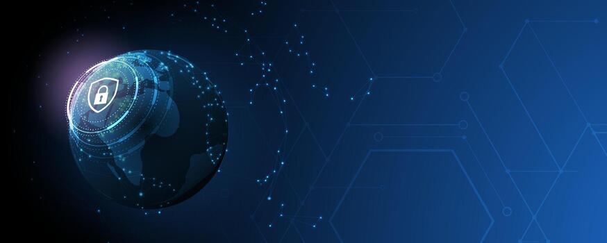 un azul antecedentes con un digital globo en bloquear vector