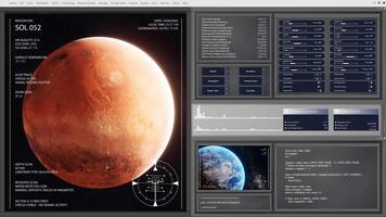 futurista interfaz presentación telemetria Estadísticas para interplanetario espacio viaje a rojo planeta. alto tecnología software hud demostración propulsor controlar ajustes para astronave navegación hacia Marte video