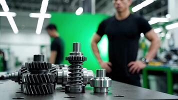 en man står Bakom metall kugghjul och fjädrar på en tabell i en fabrik miljö med grön skärm video