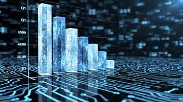 digital bar Graf med krets styrelse mönster och blå belysning för data visualisering video