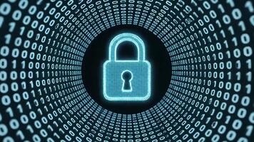 un brillante azul candado icono rodeado por un túnel de binario código en un oscuro antecedentes video