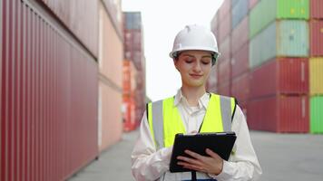 At container yard, Portrait of caucasian female engineer in uniform monitors operations using a tablet. She ensures continued safety and efficiency while looking the camera and smiling confidently video