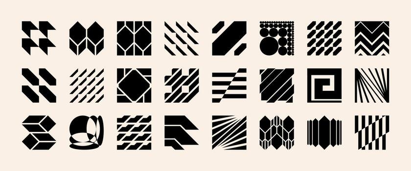 Abstract shape logo element set blends brutal distortion and bold geometric form. Futuristic cyber aesthetic meets modern retro tech pattern to create postmodern brand symbol for identity. vector