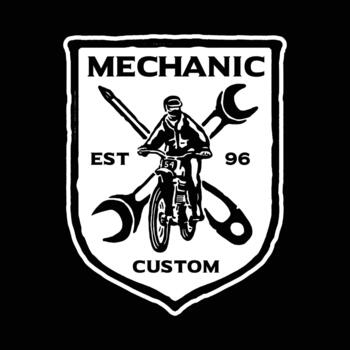 Custom badge showing mechanic with crossed wrench and spanner behind motorcycle rider in black and white. vector