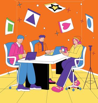 Creative Team Meeting in Studio Space for Content Planning and Visual Direction vector