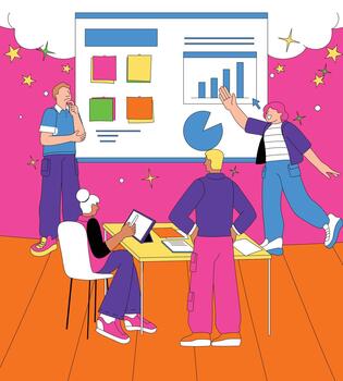 Creative Team Presenting Final Project Results with Charts and Visual Slides in a Studio Setting vector