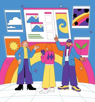 Illustration of Creative Team Reviewing Moodboards and Visual Elements for Project Planning vector