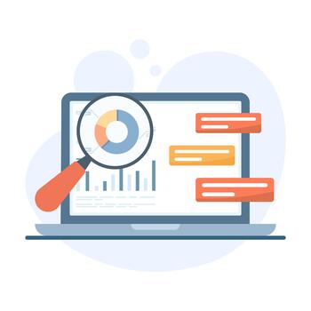 Laptop screen with business data analysis and reporting visuals, featuring graphs, dashboards, and analytics tools for monitoring company performance. vector