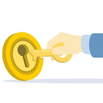 Illustration of a golden key opening a coin-shaped keyhole, representing investment access, unlocking financial potential, and exploring business opportunities. vector