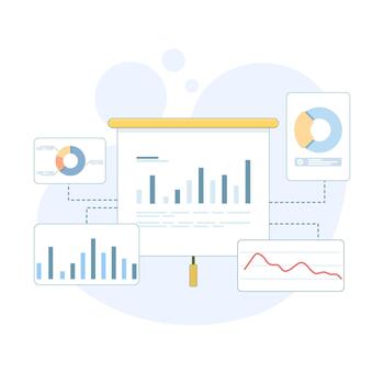 Marketing analytics and financial performance illustration featuring graphs, metrics, and planning visuals for polished business presentations. vector