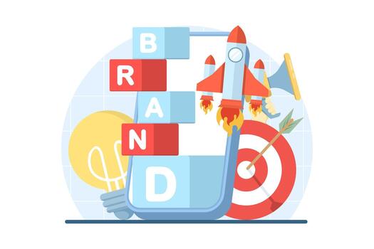 Illustration representing brand building and promotion strategies, highlighting marketing techniques, product visibility, and sales enhancement in flat style. vector