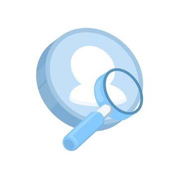 Flat illustration of a user search symbol with magnifier and human profile, representing account investigation, customer analysis, and profile review. vector