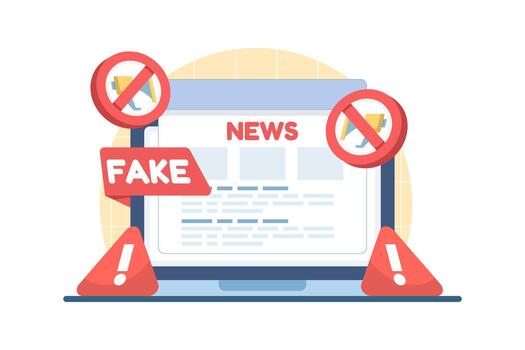 Fake news concept showing misinformation alerts on a laptop screen, representing digital fraud, online scams, and the spread of false information on the internet. vector