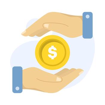 Digital marketing concept showing a money coin held by two hands on an isolated background, symbolizing financial support, investment, and online business growth. vector