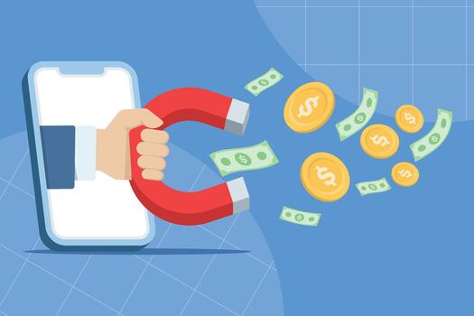 ilustración demostración manos desde un pantalla con imanes tracción monedas, representando digital márketing estrategias, móvil negocio ingreso, y en línea financiero crecimiento. vector