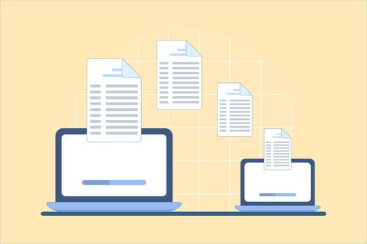 Flat showing two laptops transferring files and documents, representing data exchange, file sharing, system backup, and computer migration concepts. vector