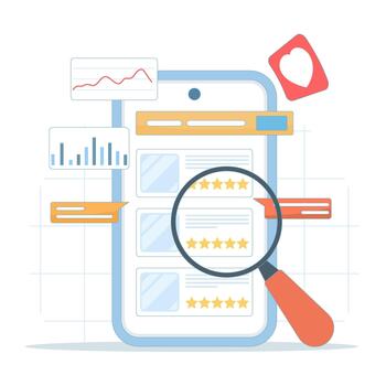 illustration of mobile search results and ranking data, paired with analytics charts displaying website traffic driven by mobile queries. vector