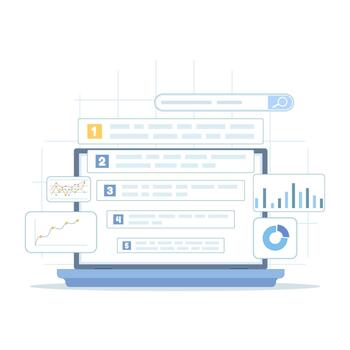 illustration of mobile search results and ranking data, paired with analytics charts displaying website traffic driven by mobile queries vector