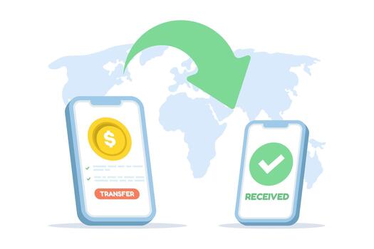 illustration of a smartphone with a world map, symbolizing worldwide money transfers and smooth international transactions via mobile apps. Flat illustration on a white background. vector