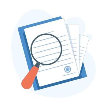 illustration of a magnifying glass over a document, representing evidence analysis, document review, investigation, and research concept in flat design. vector