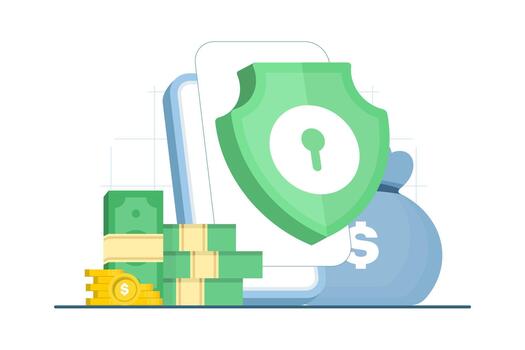 Illustration showing a smartphone with a gold coin on an isolated background, symbolizing financial security, safe mobile banking, and digital finance applications. vector