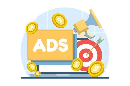 ilustración de pago por clic en línea publicidad, presentando clicable anuncios, Internet marketing, y digital Campaña administración en plano estilo. vector