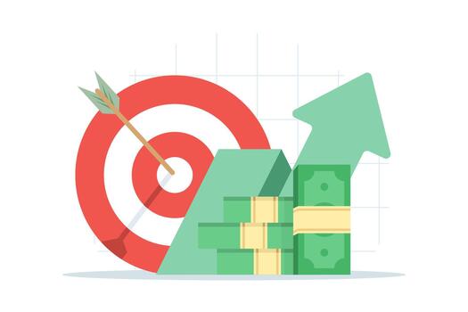 ilustración de negocio objetivos presentando apilado dólar facturas, objetivo icono, y creciente grafico, representando lucro aumentar, inversión objetivos, y actuación crecimiento. vector