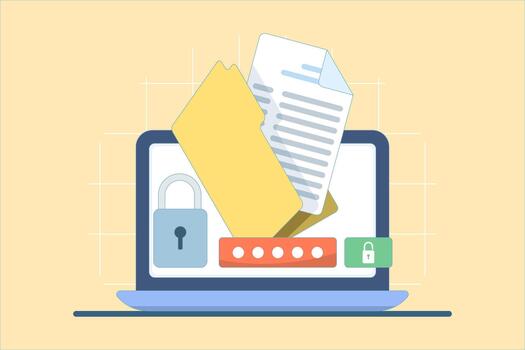 ilustración de un contraseña protegida carpeta con un candado en un computadora pantalla, representando seguro archivo almacenamiento, datos cifrado, y digital documento proteccion. vector