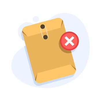 trabajo solicitud rechazado concepto con un sobre y cruzar icono, simbolizando incorrecto o incompleto documentos, ha fallado archivo envío, y inaceptado solicitud archivos adjuntos. vector