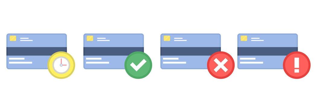 Flat illustration of payment alert status with pending authorization, fraud warning signs, and cash transaction verification elements. vector