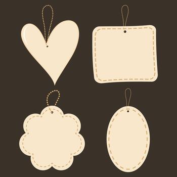 set of four beige hanging tags heart, square, flower, and oval shapes each with stitched details for decorative or labeling use. vector