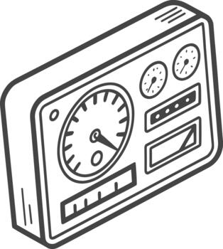 An outline drawing illustrating a complex control panel featuring multiple gauges and readouts vector